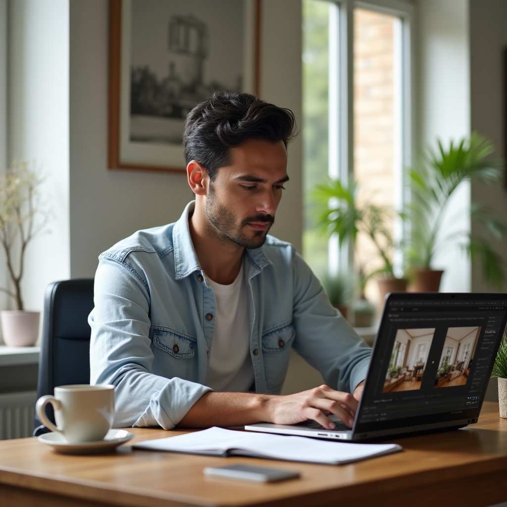 Persoană la birou pregătind un anunț de locuință și editând fotografii pe laptop